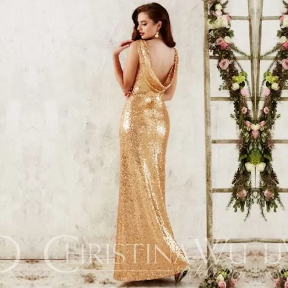 Christina Wu Rose Gold Sequin Dress (6) Bateau Neck Open Back Formal Gown 22704 - Picture 14 of 14